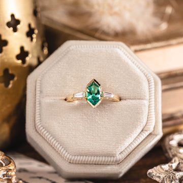 Custom Elongated Hexagon Lab-Grown Emerald Engagement Ring in 18K Yellow Gold