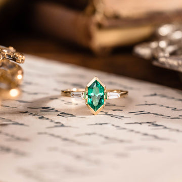 Custom Elongated Hexagon Lab-Grown Emerald Engagement Ring in 18K Yellow Gold