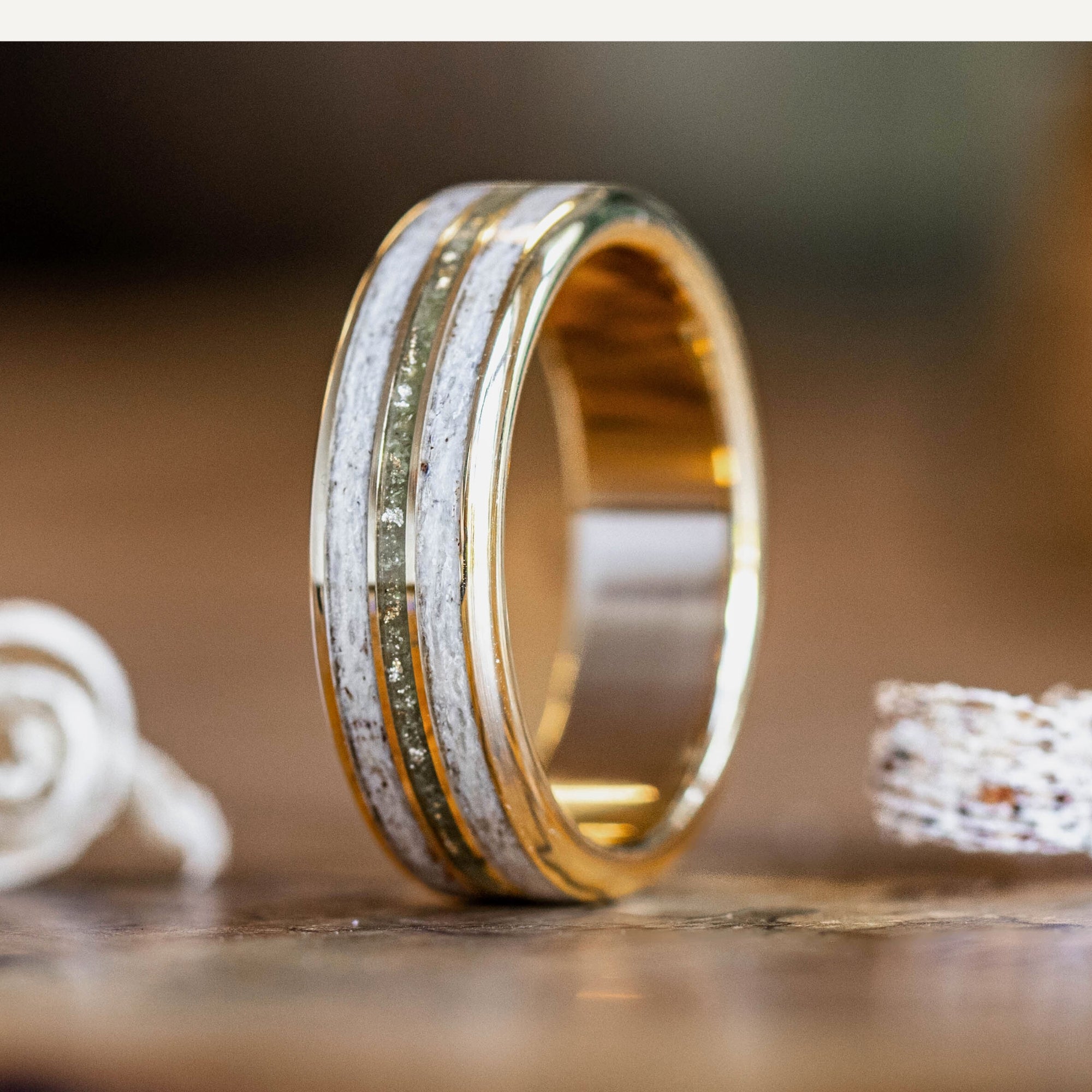 green emerald velvet dress Custom Gold, Silver or Titanium Band - 3-Inlay Ring (Narrow Center)