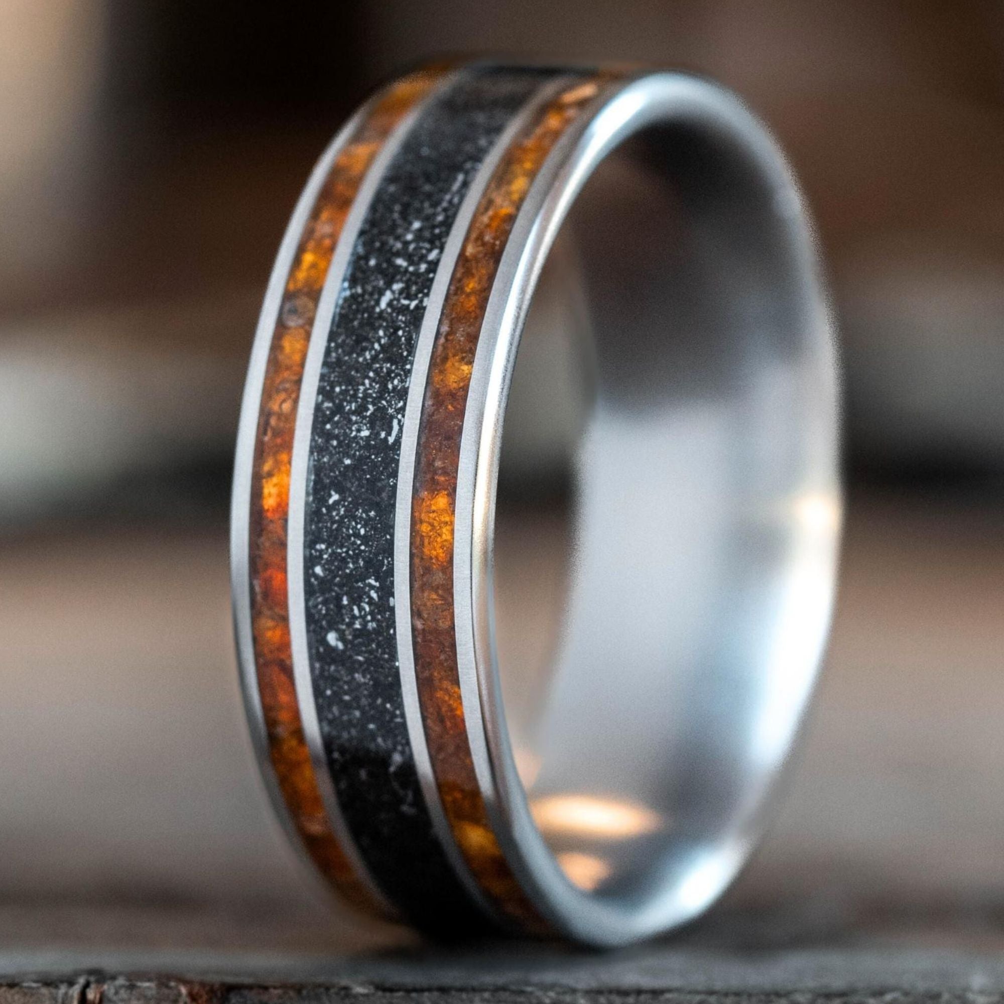 The Stargazer | Men's Gold Wedding Band with Meteorite & Gold Flakes | Rustic and Main