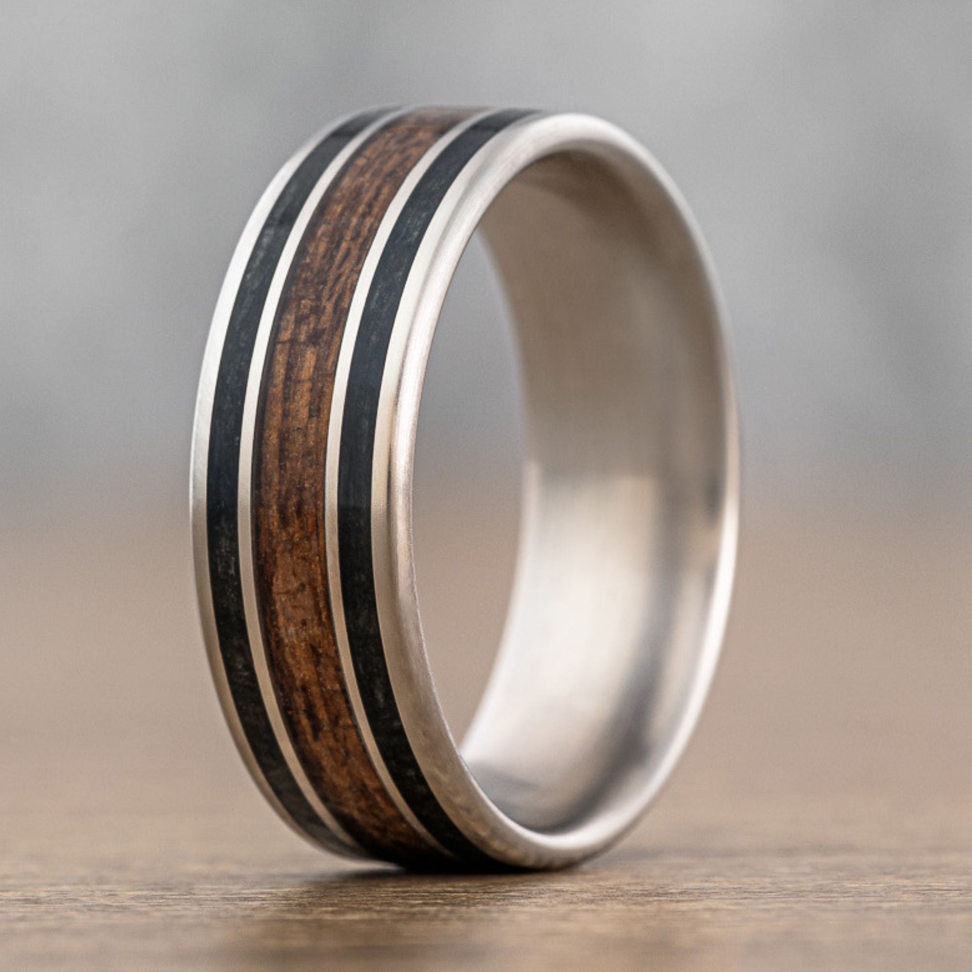 (In-Stock) The Captain | Men's Titanium Wedding Band with Whiskey Barrel &  Teak Wood Inlays - Size 10.75 | 8mm Wide