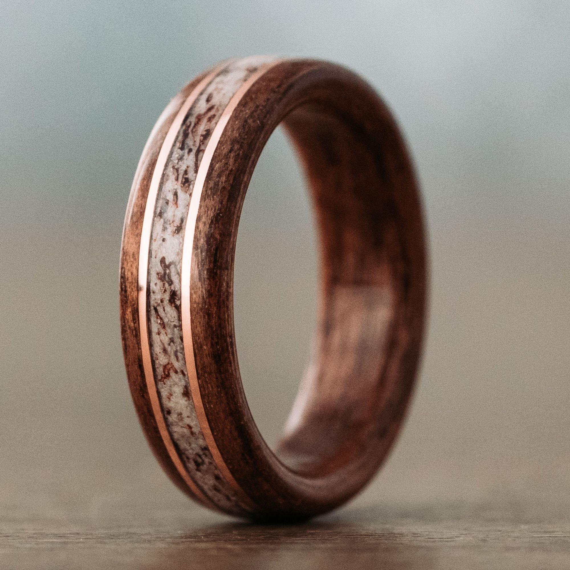 Men's Antique Walnut Wood & Elk Antler Wedding Band with Dual 14k Rose Gold Inlays Size 8.75