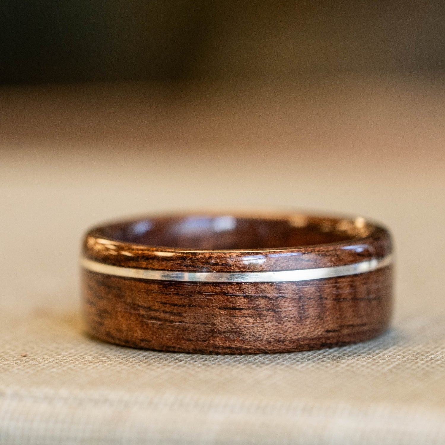 In-Stock) Antique Walnut Wooden Ring w/Offset Silver Inlay Size