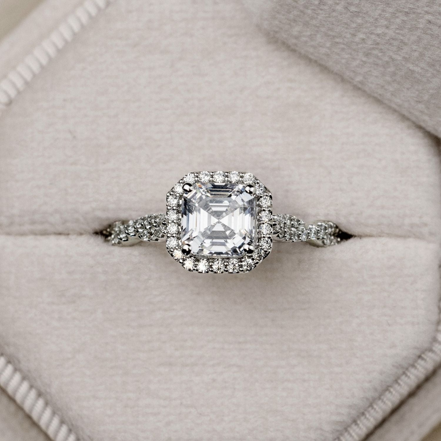 Asscher Halo Diamond Engagement Ring with Twisted Pavé Diamond