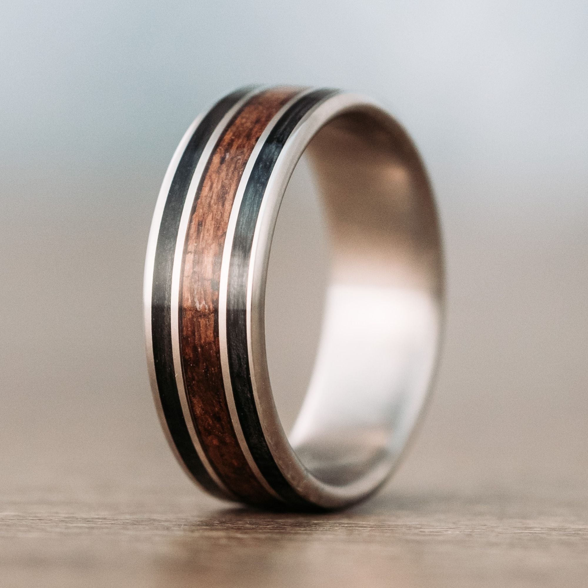 (In-Stock) The Captain | Men's Titanium Wedding Band with Whiskey Barrel &  Teak Wood Inlays - Size 11 | 8mm Wide