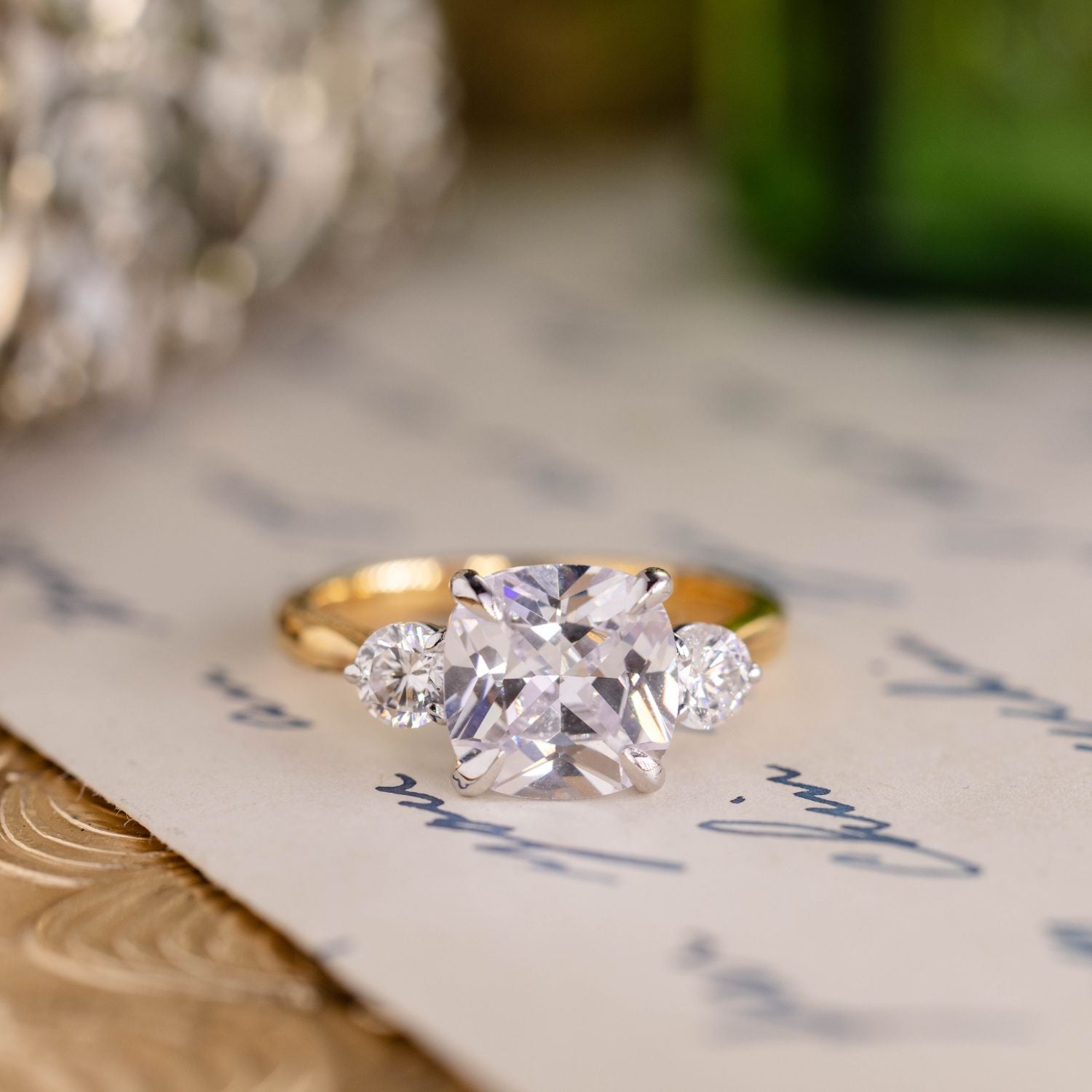 The Brooklyn - Three Stone Cushion-Cut Diamond Engagement Ring with Round Diamond Side Stones | Rustic and Main, image size:1500x1500