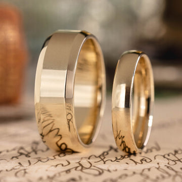 his-and-hers-solid-gold-wedding-band-set-8mm-beveled-edge-4mm-classic-the-arc-and-ella-rustic-and-main :: Shown in 8mm Men's & 4mm Women's | Yellow Gold