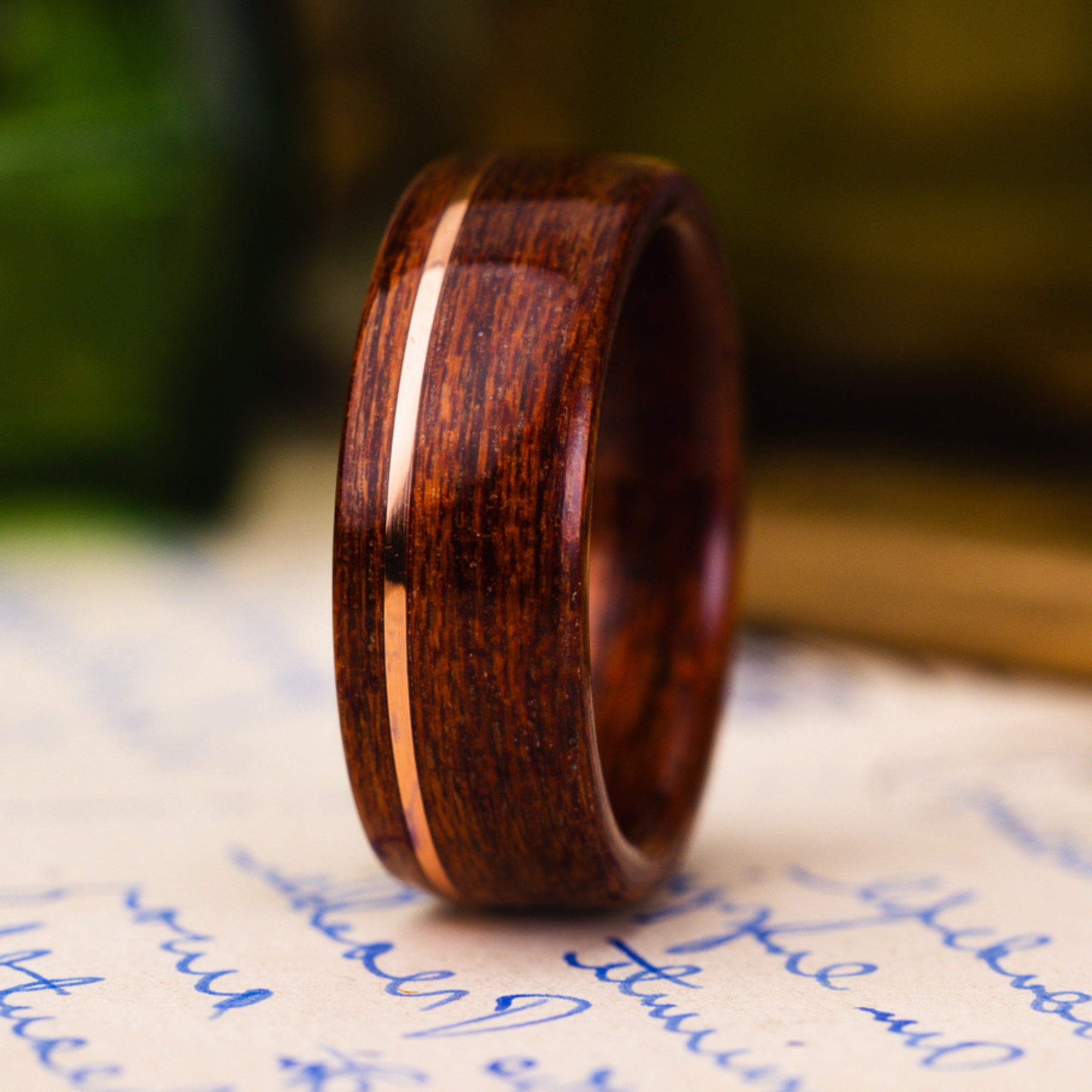 Custom Mahogany Wood Ring with Copper Inlay Size 8mm Wide