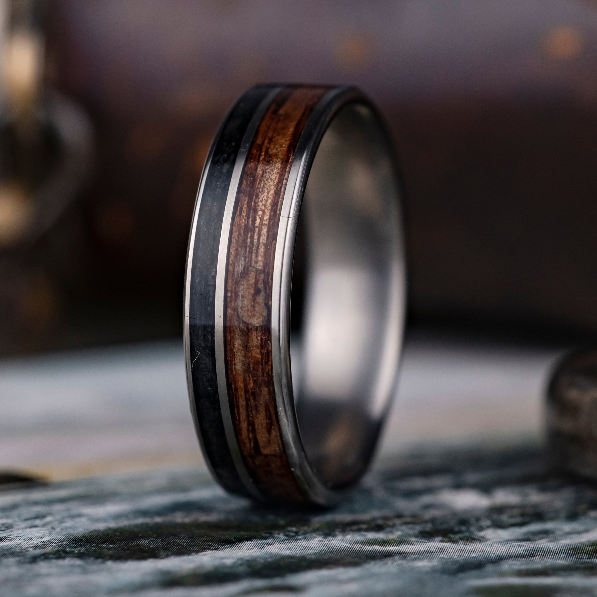Titanium Ring with Whiskey Barrel and Koa Wood Size 7mm