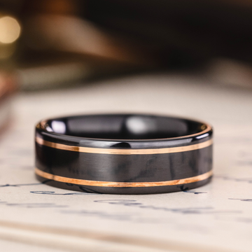 ::Shown in 8mm Wide | Black Titanium | 14K Rose Gold Inlays