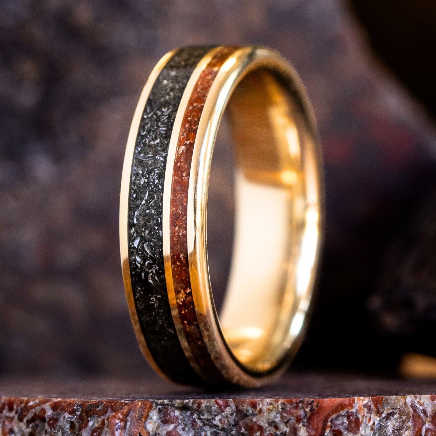 Meteorite ring, black meteorite tungsten ring, meteorite men’s band in yellow 2024 gold, meteorite band men