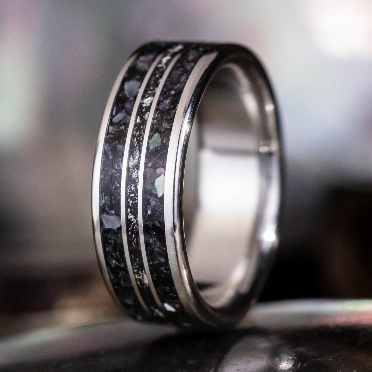 The Galaxy | Men's Gold Wedding Band with Black Mother of Pearl, Meteorite \u0026 Silver Flakes | Rustic and Main, image size:1500x1500