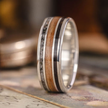 mens-gold-wedding-band-lamb-hide-bethlehem-olive-wood-emberlite-the-boaz-rustic-and-main :: Shown in 8mm Wide | White Gold
