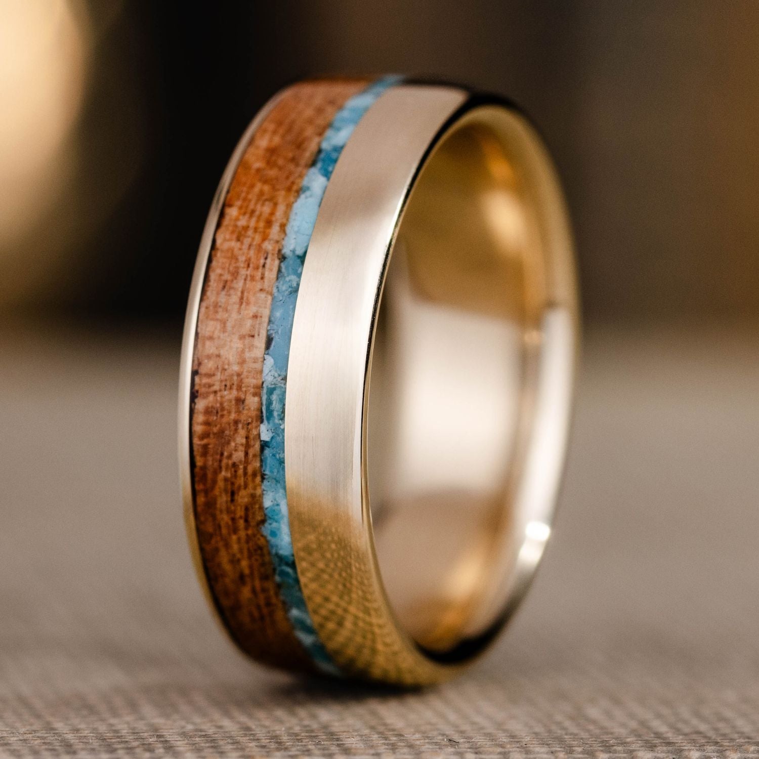 The Reeves Men's Gold Wedding Band with Turquoise & Mesquite Wood