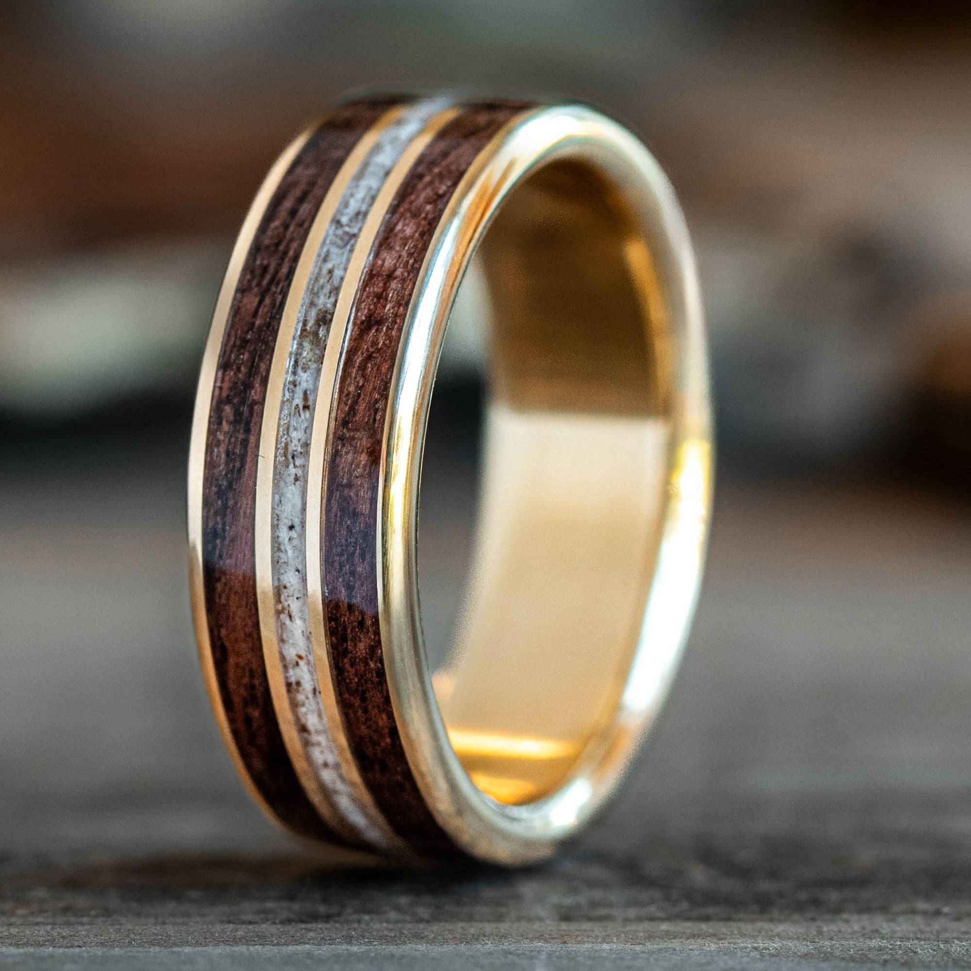 The Stag | Men's Antique Walnut Wood & Elk Antler Wedding Band with Dual Metal Inlays | Rustic and Main