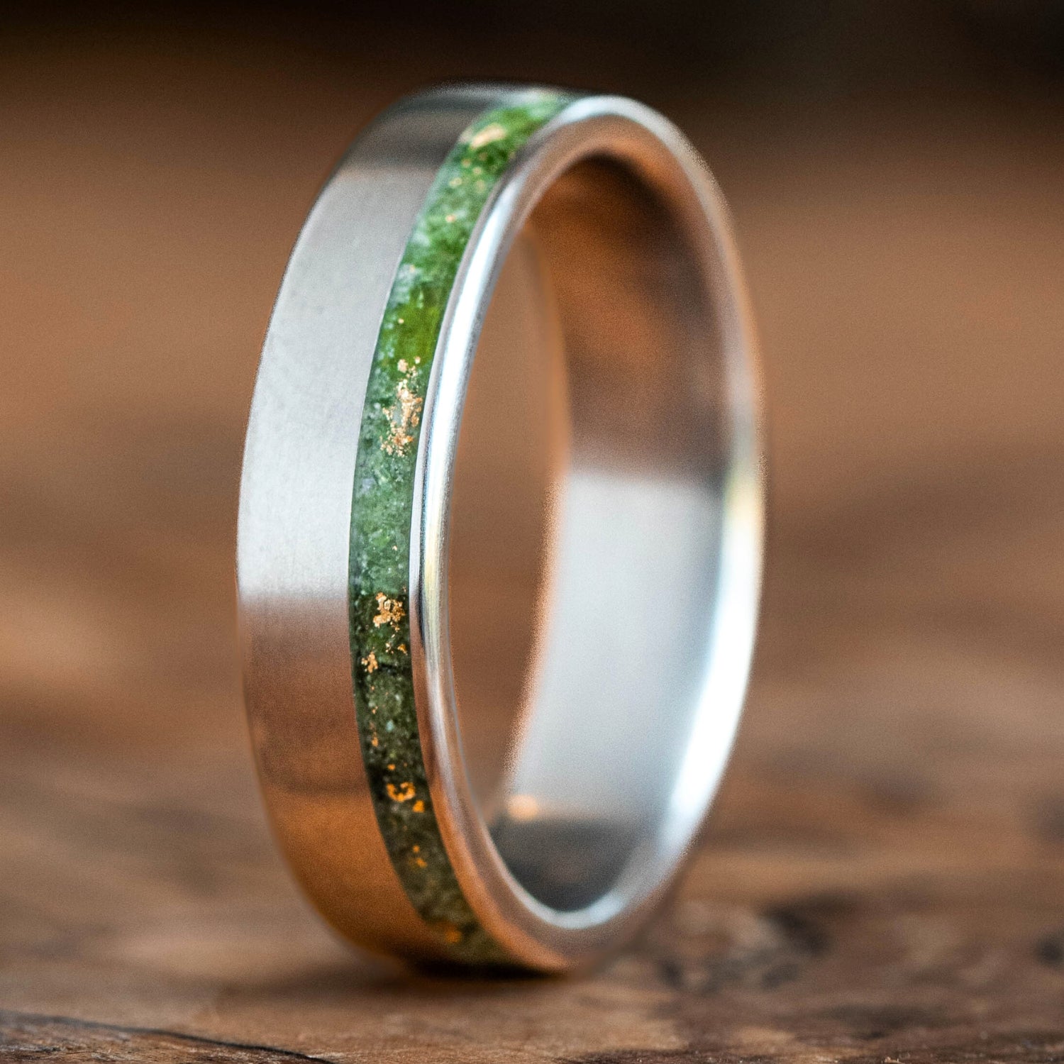 The Fairbanks Men's Titanium Wedding Band, Green Diopside & Gold