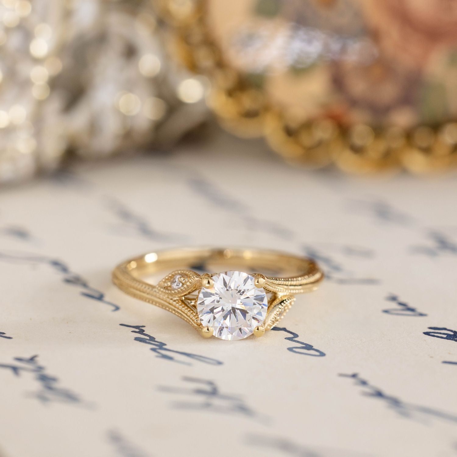 The Fleuris - Vintage-Style Round Diamond Engagement Ring with Nature-Inspired Split Shank Setting | Rustic and Main, image size:1500x1500