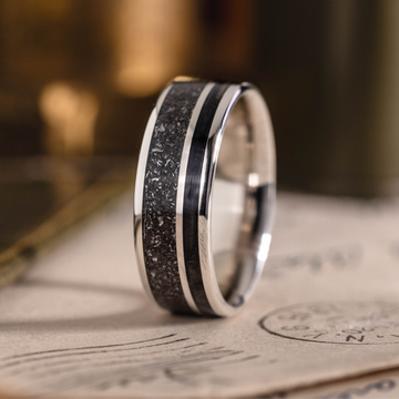 (In-Stock) The Dark Star in Silver | Men's Sterling Silver Wedding Band with Whiskey Barrel & Meteorite - Size 10.5 | 8mm Wide