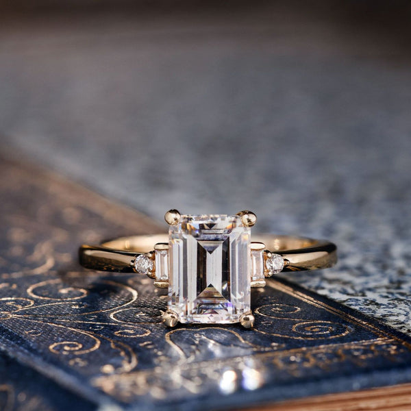 The Isabella | Emerald Diamond Engagement Ring with Baguette and Round Diamond Accents