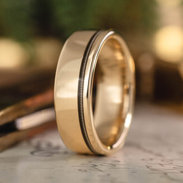 the-songwriter-mens-gold-guitar-string-inlay-wedding-band :: Shown in 8mm Wide | Yellow Gold