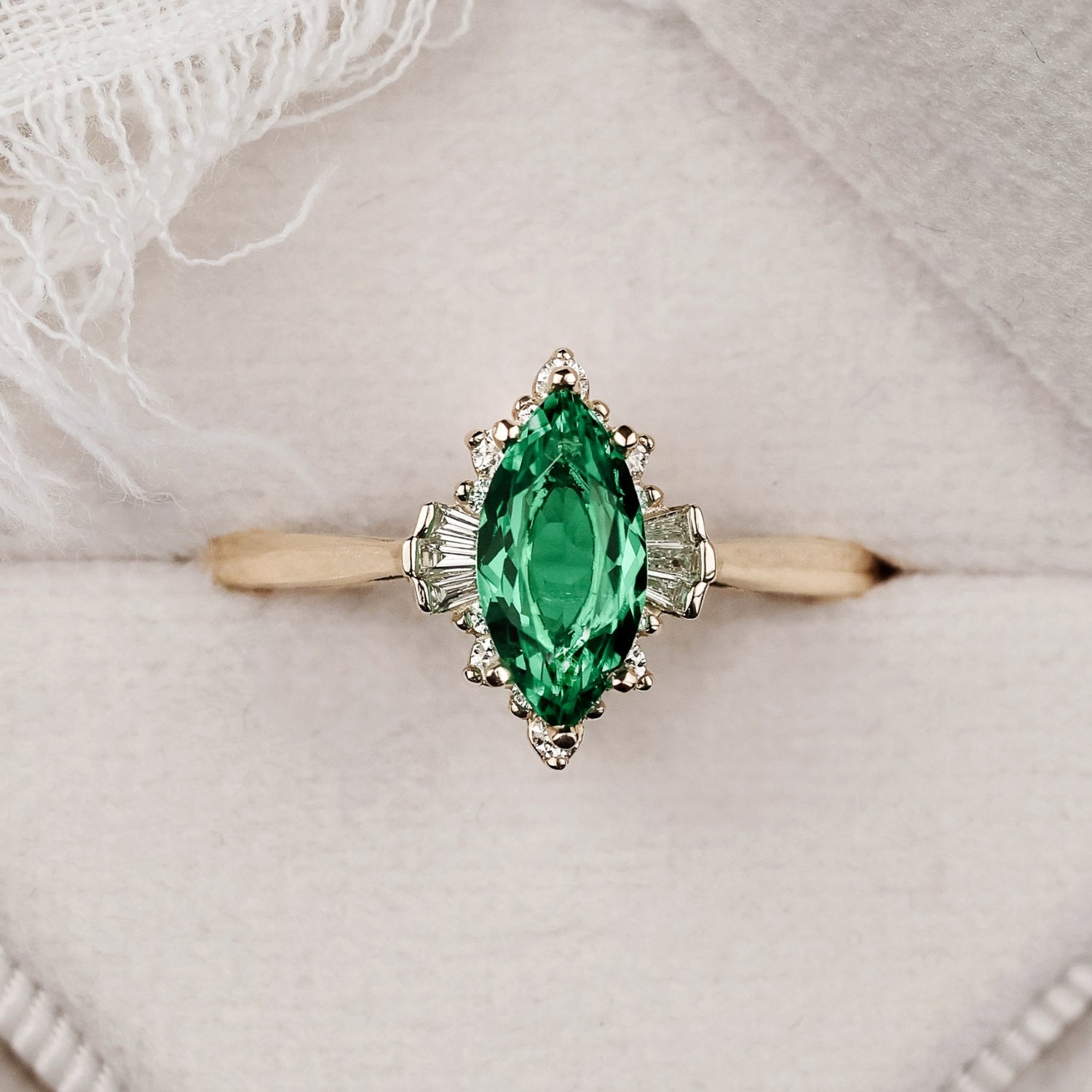 The Verdeline - Green Emerald Marquise Engagement Ring with Natural Di The Verdeline - Green Emerald Marquise Engagement Ring with Natural Di