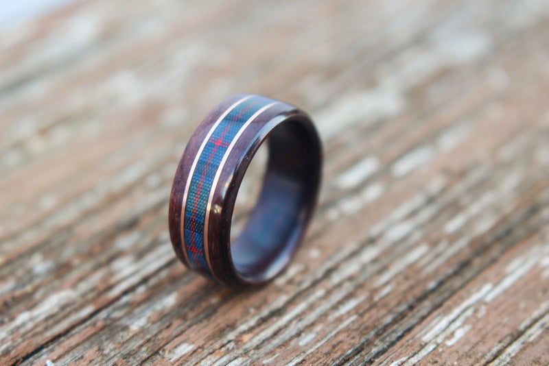 wooden wedding ring with tartan center inlay