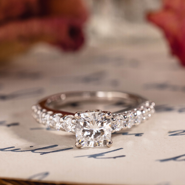 Cushion cut lab-grown diamond engagement ring in 10K white gold with moissanite pavé accents