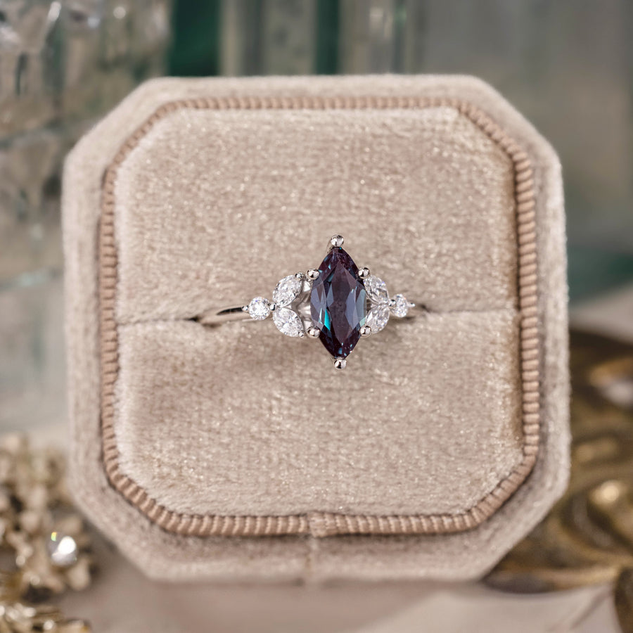 Marquise lab-grown alexandrite engagement ring in 10K white gold with diamond accents