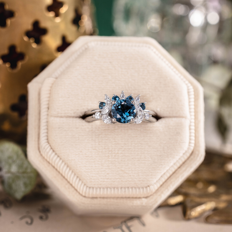 London Blue Topaz Laurel engagement ring with topaz and diamond Halley contour band in 10K white gold