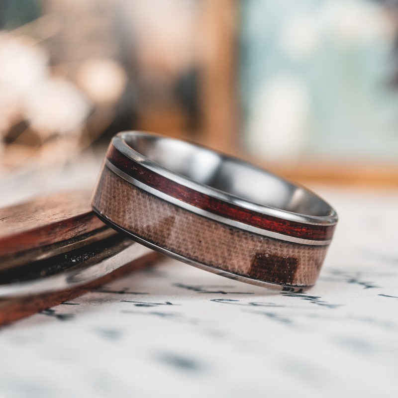 The Leatherneck | Men's Titanium Wedding Band with Marine Desert MARPAT Uniform & Bloodwood Inlays