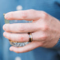 (In-Stock) The Jurassic | Men's Titanium Wedding Band with Dinosaur Bone, Meteorite & Fossilized Amber - Size 10.75 | 8mm Wide