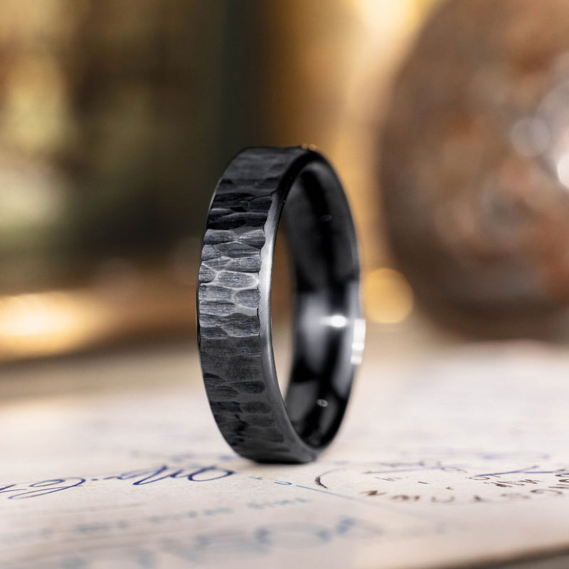 Alder-Noir-bark-texture-black-titanium-mens-wedding-band-rustic-and-main
