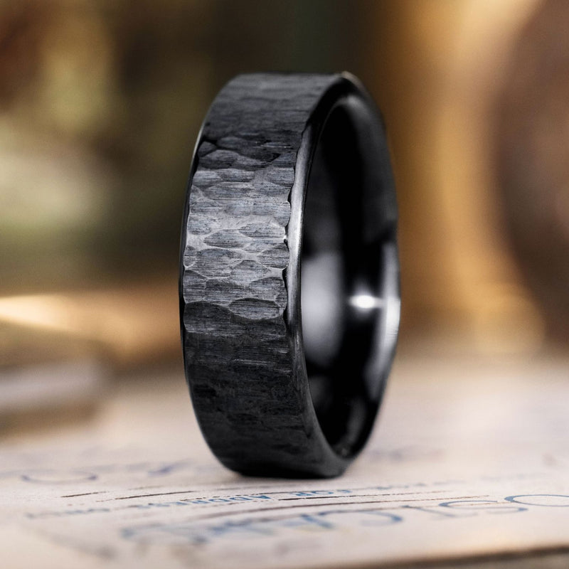 Alder-Noir-bark-texture-black-titanium-mens-wedding-band-rustic-and-main