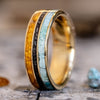 men's gold ring with turquoise meteorite and amber