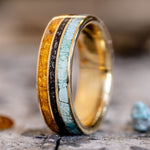 men's gold ring with turquoise meteorite and amber