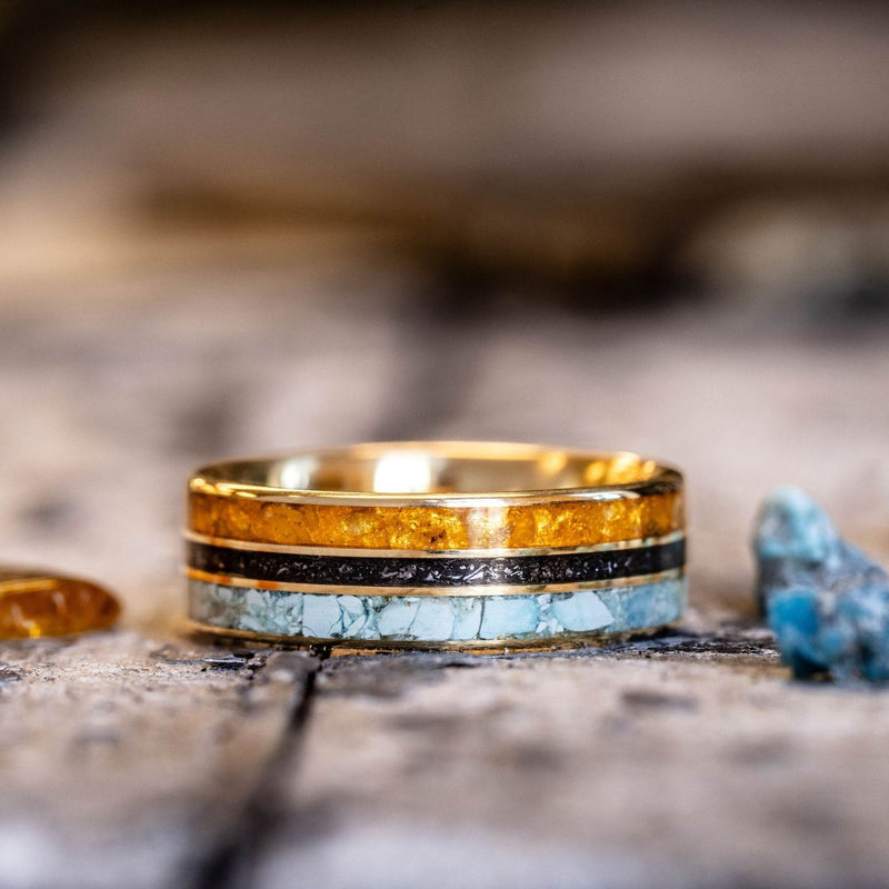 men's gold ring with turquoise meteorite and amber