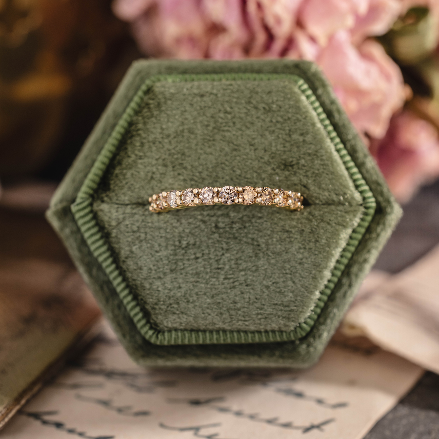 Champagne diamond wedding band in 10K yellow gold, round stones