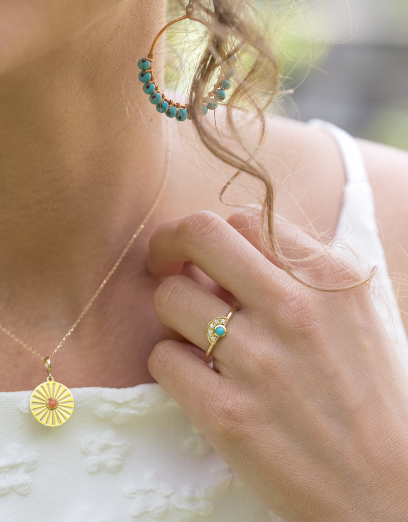 Natural Turquoise Sunburst Ring with Diamonds