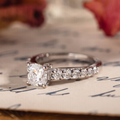 Cushion cut lab-grown diamond engagement ring in 10K white gold with moissanite pavé accents