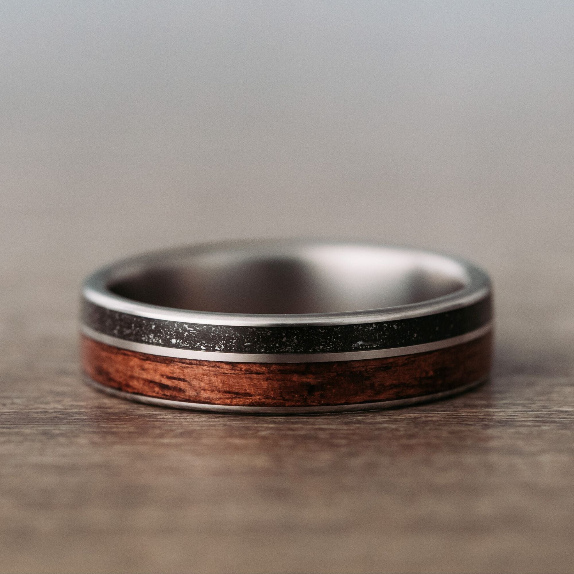 Men's Titanium Wedding Band with Meteorite & M1 Garand Rifle Stock Wood
