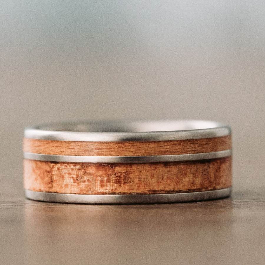 Custom-Titanium-Wedding-Band-Spalted-Maple-Yellowwood-Inlays