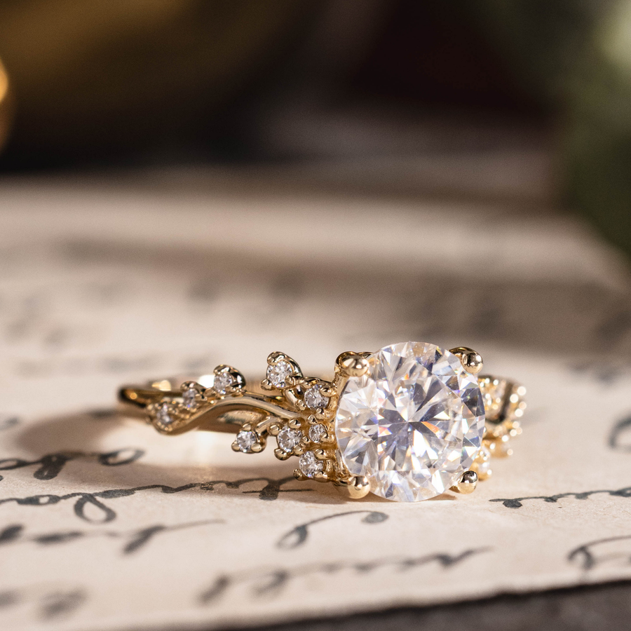 Custom Moissanite round engagement ring with floral accents