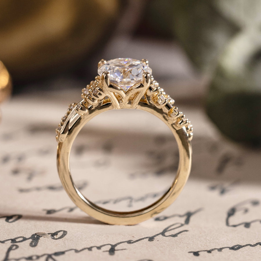 Custom Moissanite round engagement ring with floral accents