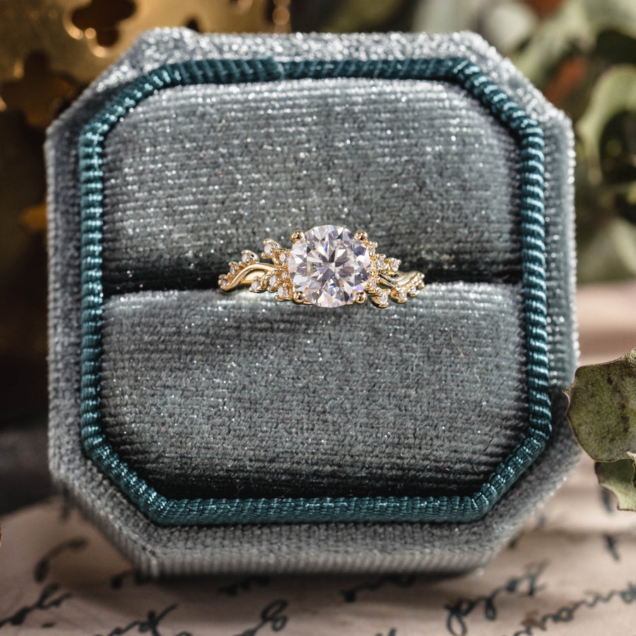 Custom Moissanite round engagement ring with floral accents