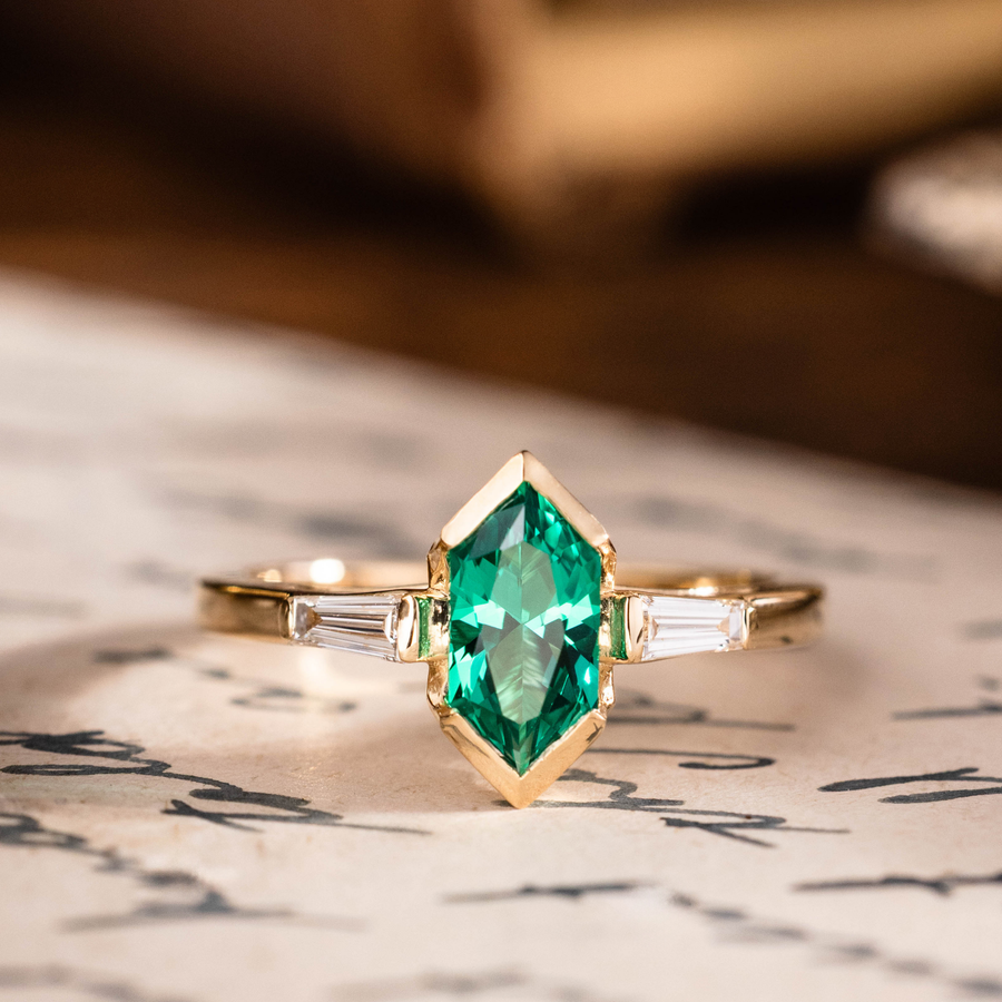 Custom Elongated Hexagon Lab-Grown Emerald Engagement Ring in 18K Yellow Gold