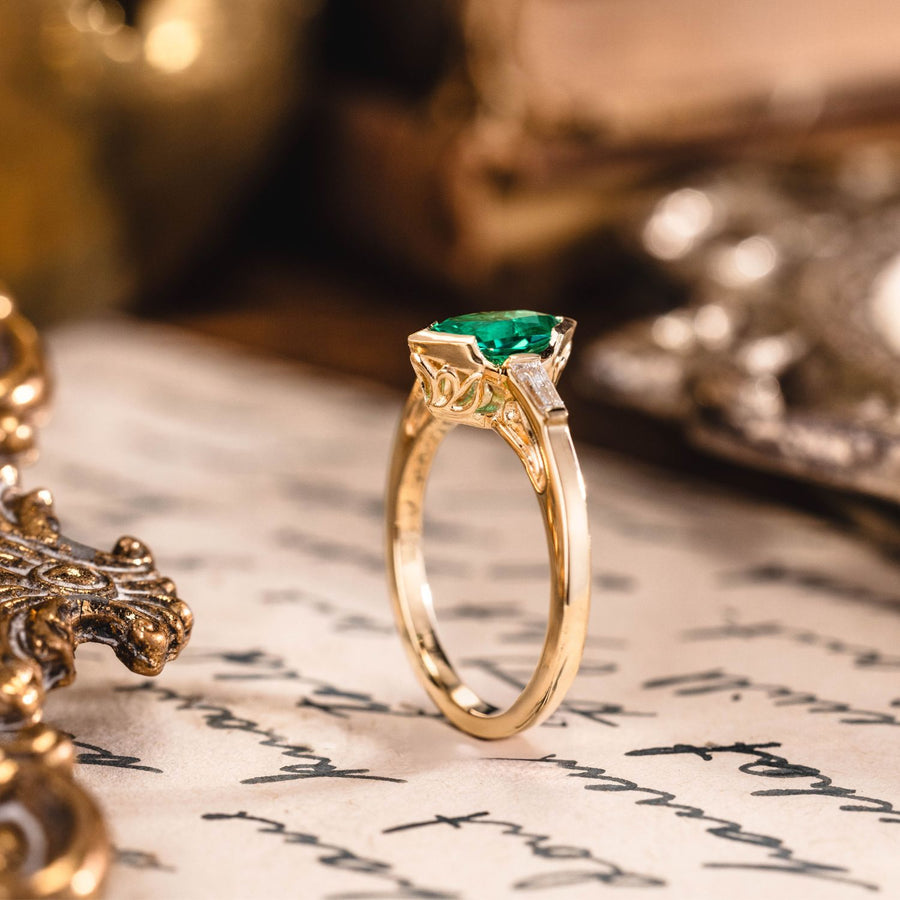 Custom Elongated Hexagon Lab-Grown Emerald Engagement Ring in 18K Yellow Gold