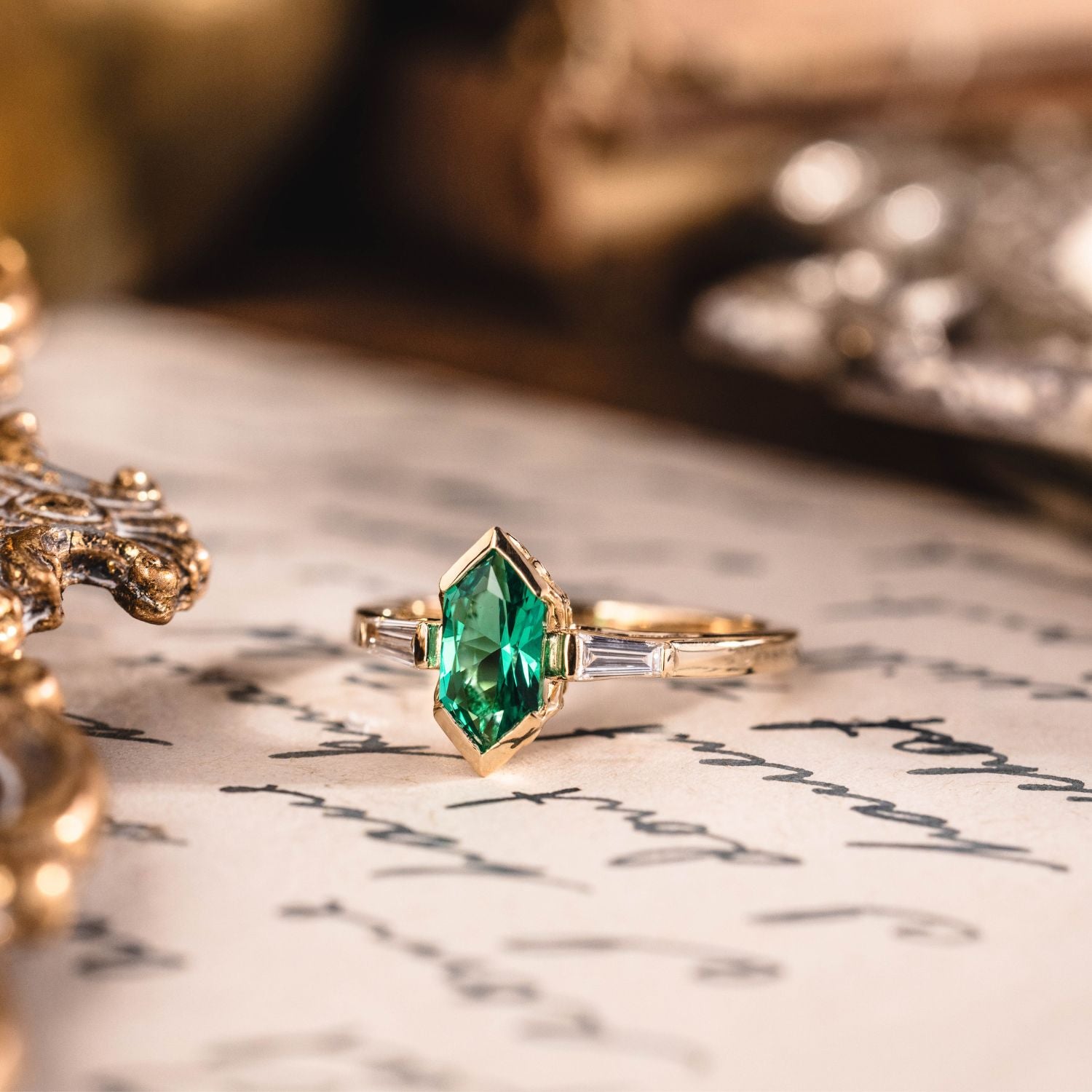 Custom Elongated Hexagon Lab-Grown Emerald Engagement Ring in 18K Yell ...