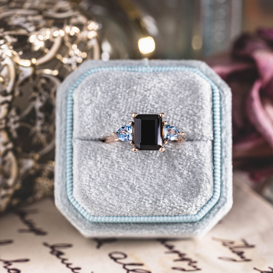 Custom Emerald-Cut Black Onyx Engagement Ring with Aquamarine Accents in 14K Rose Gold