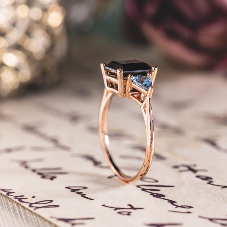 Custom Emerald-Cut Black Onyx Engagement Ring with Aquamarine Accents in 14K Rose Gold