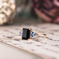 Custom Emerald-Cut Black Onyx Engagement Ring with Aquamarine Accents in 14K Rose Gold